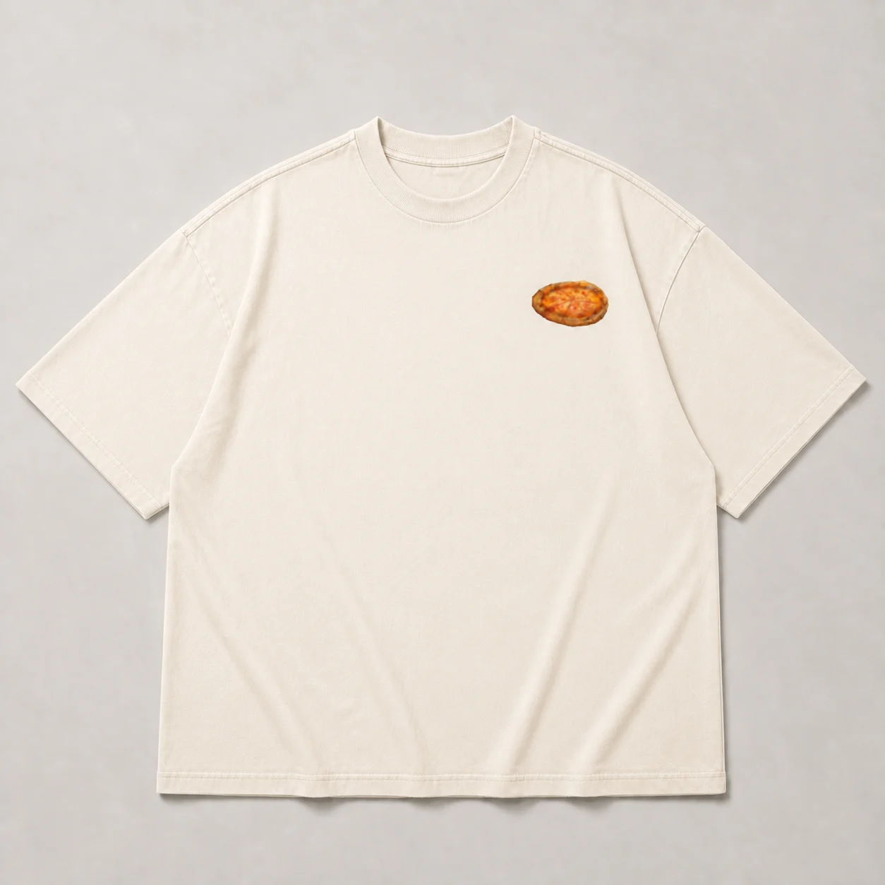 Front of the oversized white Beat Bunny T-shirt with a small pizza print